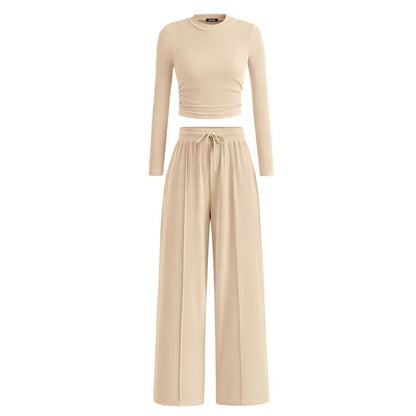 MIRELA™ - Ribbed Knit Long Sleeve Crop Top and Matching Pants Set