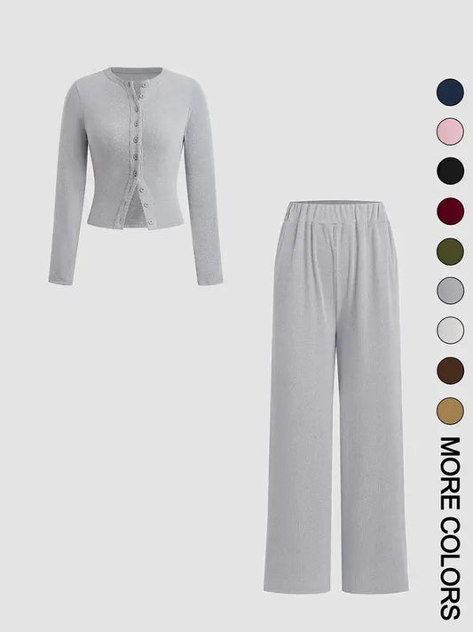 FLORLIE™ - Women’s Ribbed Crop Top & Elastic Waist Pants Casual Set
