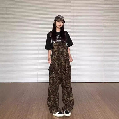 LUNTIAN™ – Vintage Leopard Wide-Leg Overall Jumpsuit