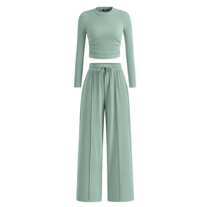 MIRELA™ - Ribbed Knit Long Sleeve Crop Top and Matching Pants Set